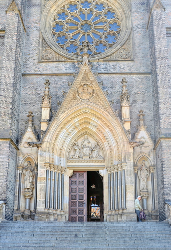 11 - The main entrance portal and rose window of the neo-Gothic Church of St. Ludmila located at Náměstí Míru (Peace Square) in Prague